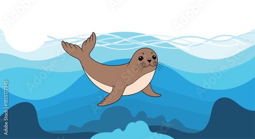 Playful harbor seal swimming through clear blue ocean water with soft waves under a bright sky with fluffy white clouds.