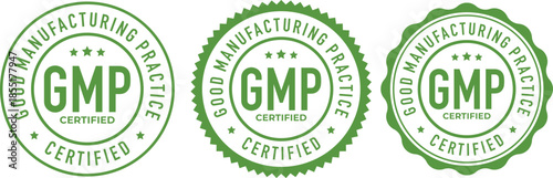 Set of 3 Green GMP Certified Vector Badges - 'Good Manufacturing Practice' Quality Stamps