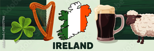 Ireland icons illustration with shamrock harp tricolor map dark beer and sheep on green wood background for St Patricks Day design