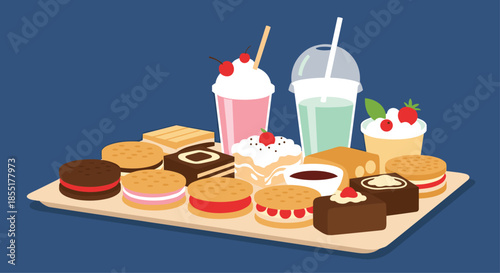 Large wooden tray filled with assorted sweet treats including chocolate cookies, cream cakes, brownies, and cold drinks.