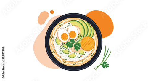 Tasty poke bowl filled with white rice, sliced avocado, soft-boiled eggs, and fresh green herbs, served in a dark bowl.