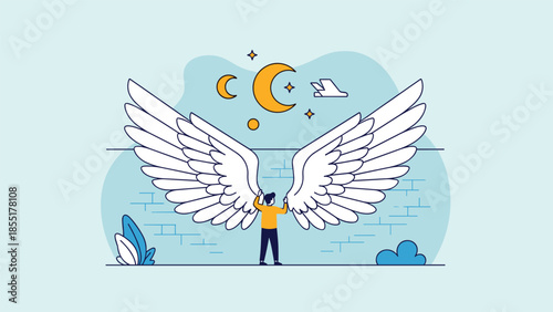 Conceptual flat illustration of a person holding up large white angel wings against a wall, symbolizing freedom, hope, and dreams.