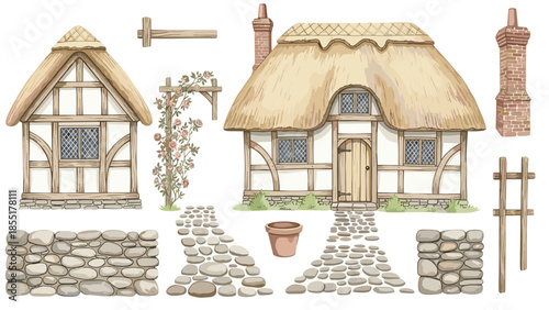 Charming watercolor collection of English country cottage elements, including houses with thatched roofs, stone walls, paths, and roses.