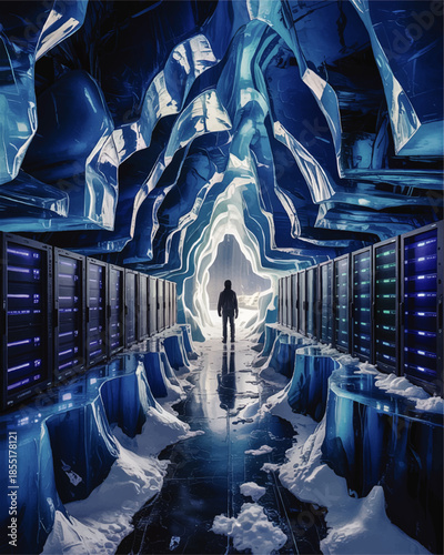 Futuristic ice cave data center with glowing servers and lone silhouette, cold blue cyber security, sci fi digital infrastructure