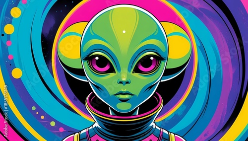 Vibrant alien woman with striking pink eyes in colorful cosmic background