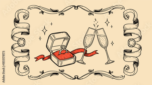 Vintage engagement celebration illustration with a diamond ring in a box and clinking champagne glasses inside an ornate frame.