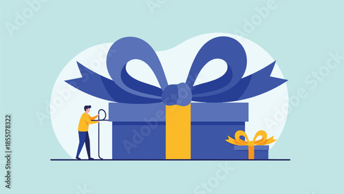 Gifting and special offer concept with a tiny person using a hand truck to move a huge, beautifully wrapped blue gift box.