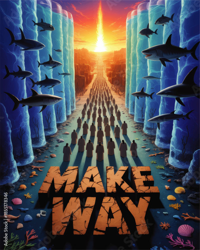 Epic parted sea with sharks and people walking toward blazing sunset, inspirational fantasy illustration with Make Way text