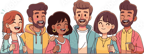 Group of happy diverse friends standing together, smiling and enjoying a social gathering or party in flat cartoon style.