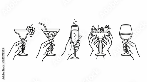 Vector Drinkware Line Art Illustration – Elegant Hands Holding Cocktail, Wine, and Champagne Glasses for Social, Culinary, and Lifestyle Design Themes