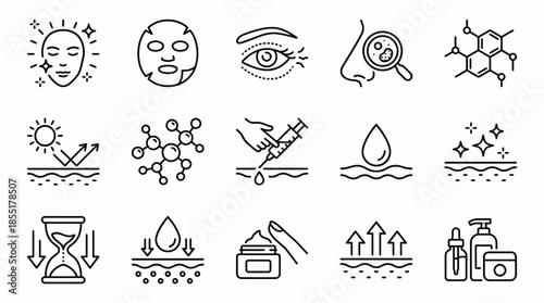 Vector Skincare Icon Set –  Black Line Art Symbols for Dermatology, Cosmetic Treatments, Ingredients, and Beauty Product Design Themes