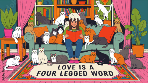 Cozy girl reading on sofa surrounded by many colorful cats in playful living room, cute pet lover quote love is a four legged word