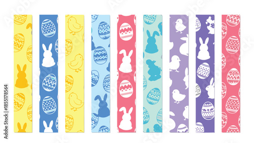 Set of colorful vertical Easter bookmarks or banners with seamless patterns of bunnies, chicks, and decorated eggs illustrations.