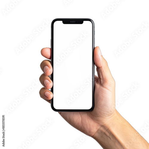 A close-up shot of a hand holding a black smartphone with a blank white screen against a black background.