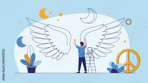 Inspirational illustration of a man drawing large angel wings on a wall, symbolizing creativity, freedom, hope, and peace.