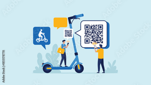 Electric scooter sharing service concept with people using smartphones to scan a QR code for rental and payment information.