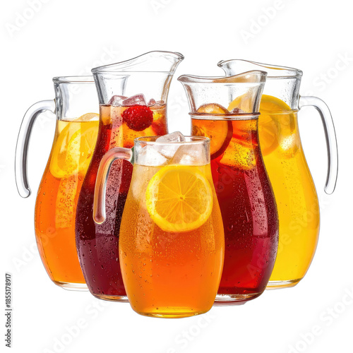 A vibrant collection of five glass pitchers filled with assorted iced beverages like iced tea and fruit punch against a black background.