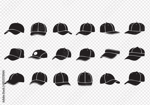 Baseball Cap Silhouette Vector Set in Multiple Angles Isolated on Transparent Background