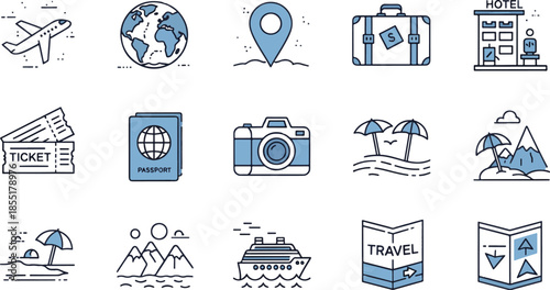 Travel and tourism icon set with airplane, passport, hotel, beach, mountain and cruise ship symbols in flat line art style.