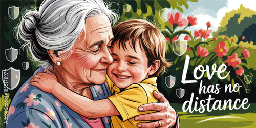 Loving grandmother hugging happy grandson in spring garden illustration with flowers, family affection, protection and Love has no distance quote