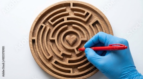Cardiology Diagnostic Concept: Overhead View of Medical Professional Hand Tracing Strategic Path through Complex Wooden Labyrinth Maze towards Heart Center Symbol
