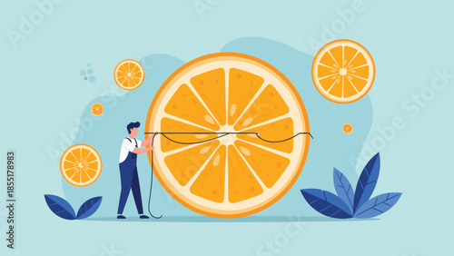 Healthy lifestyle and diet concept showing a person in overalls flossing a giant slice of fresh orange with smaller slices around.