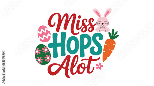 Miss hops alot with a cute pink bunny and colorful easter eggs for spring celebrations Vector