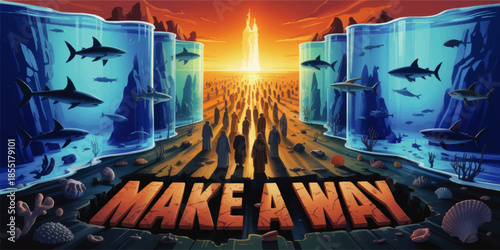 Epic parted ocean path with sharks and crowd walking toward radiant temple at sunset, inspirational make a way concept art