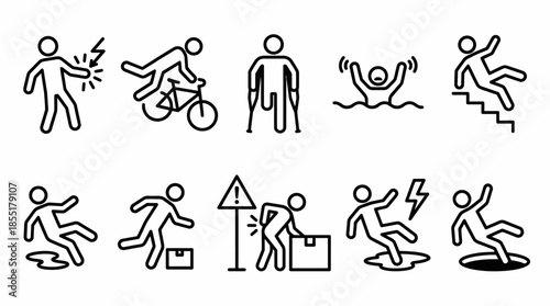Vector Workplace Hazard Icon Set –  Black Line Art Safety Illustrations for Accident Prevention, Training, and Risk Awareness Design Themes