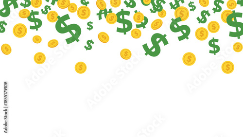 Financial success concept with golden coins and green dollar signs falling from the top against a white background with copyspace.