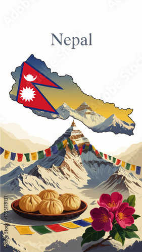 Colorful Nepal travel illustration with map, Himalaya mountains, Everest peak, prayer flags, momo dumplings and national flower