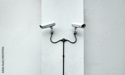 Two Security Cameras on White Gray Wall Background Outside, CCTV Cameras for Surveillance Safety