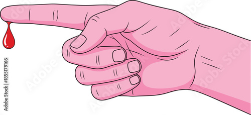 Bleeding finger injury illustration, hand with blood drop cut wound accident medical first aid concept isolated on white background