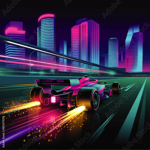Futuristic neon race car speeding through cyberpunk city at night, glowing skyscrapers, sci fi highway, modern digital illustration