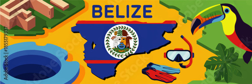 Colorful Belize travel illustration with map, national flag emblem, toucan, Blue Hole, Mayan ruins and snorkeling adventure gear