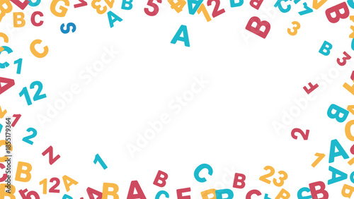 Colorful frame of scattered letters and numbers falling on a white background with ample copy space for educational or school-related topics.