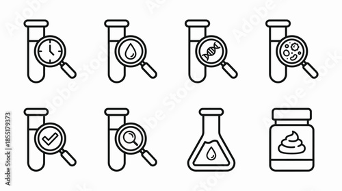 Vector Laboratory Analysis Icon Set – 8 Black Line Art Symbols for Scientific Testing, Research, and Quality Control Design Themes