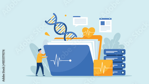 Medical records and health data concept illustrated with a person organizing a large folder containing DNA, heartbeat, and documents.