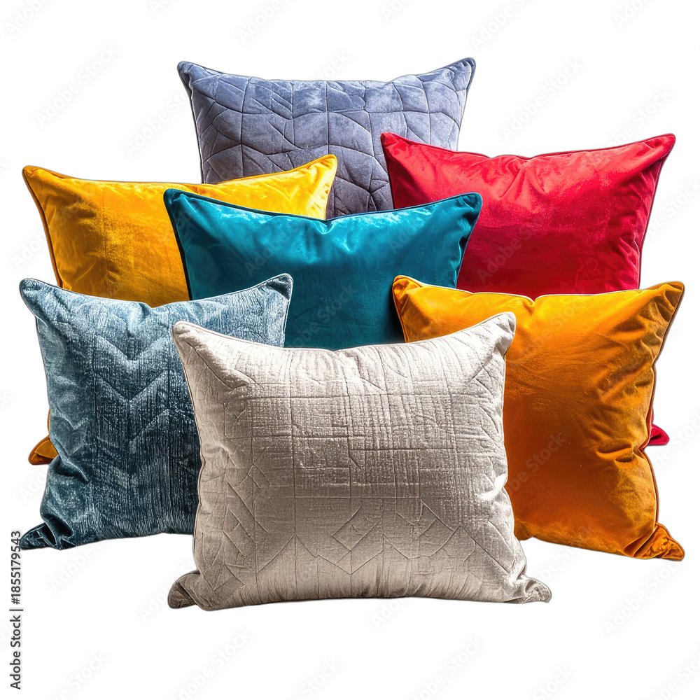 Fototapeta premium A vibrant assortment of richly textured velvet throw pillows displayed against a stark black background.