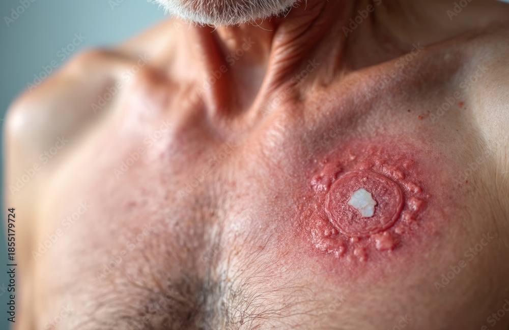 Naklejka premium Senior man chest shows a red irritated skin spot, possibly basal cell carcinoma BCC. Medical closeup of skin anomaly on elderly male patient. Health care concept for skin cancer awareness.