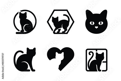 Cat and kitten pet care minimalist silhouette icon set