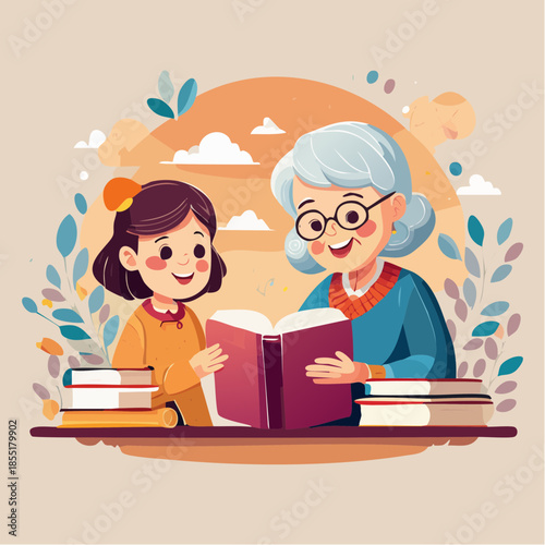 Grandmother and granddaughter reading together happily.