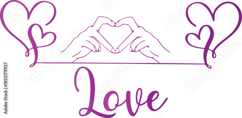 Purple heart hands forming heart shape above love text
