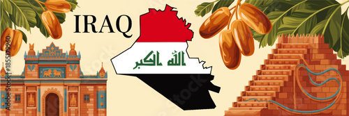 Iraq cultural landmarks illustration with map flag, Ishtar Gate, ziggurat of Ur and date palm fruit, Middle East travel background