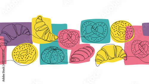 Seamless border of bakery items, including croissants and pretzels, drawn in a continuous line style with colorful abstract shapes.
