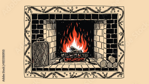 Cozy hand-drawn illustration of a roaring fire in a brick fireplace decorated with a festive garland, in a vintage style.