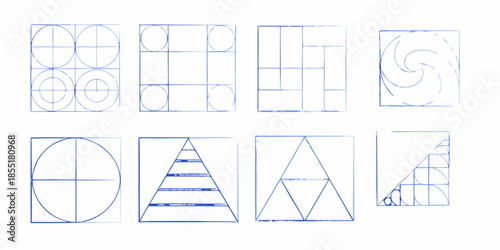 Geometric patterns and line drawings in a grid layout showcasing various shapes