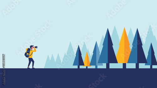Hiker with binoculars looking at a forest, spotting a unique golden tree, symbolizing discovery, individuality, and finding opportunities.