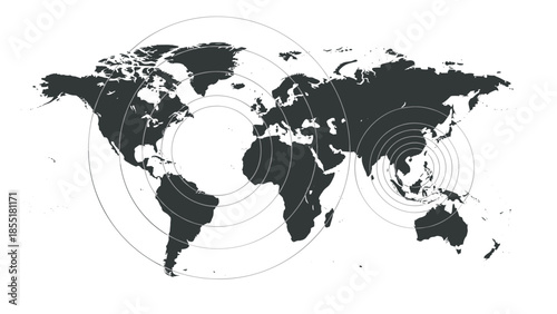World map with radiating concentric circles indicating global connection points, epicenters, or signal transmissions.