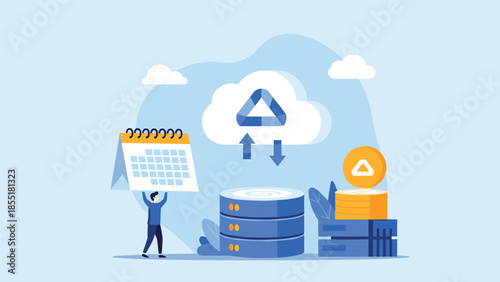 Conceptual illustration of cloud storage and data backup, with a person scheduling tasks next to servers and a cloud symbol.